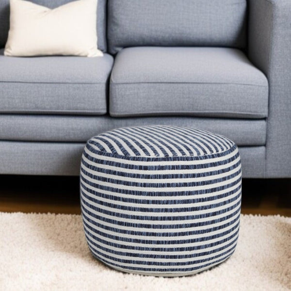 HomeRoots 18" Blue Striped Cotton Pouf Ottoman - Versatile Accent for Footrest, Extra Seating, or Casual Table 517931