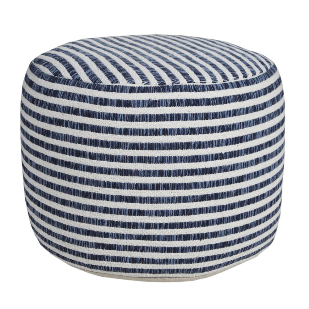 HomeRoots 18" Blue Striped Cotton Pouf Ottoman - Versatile Accent for Footrest, Extra Seating, or Casual Table 517931
