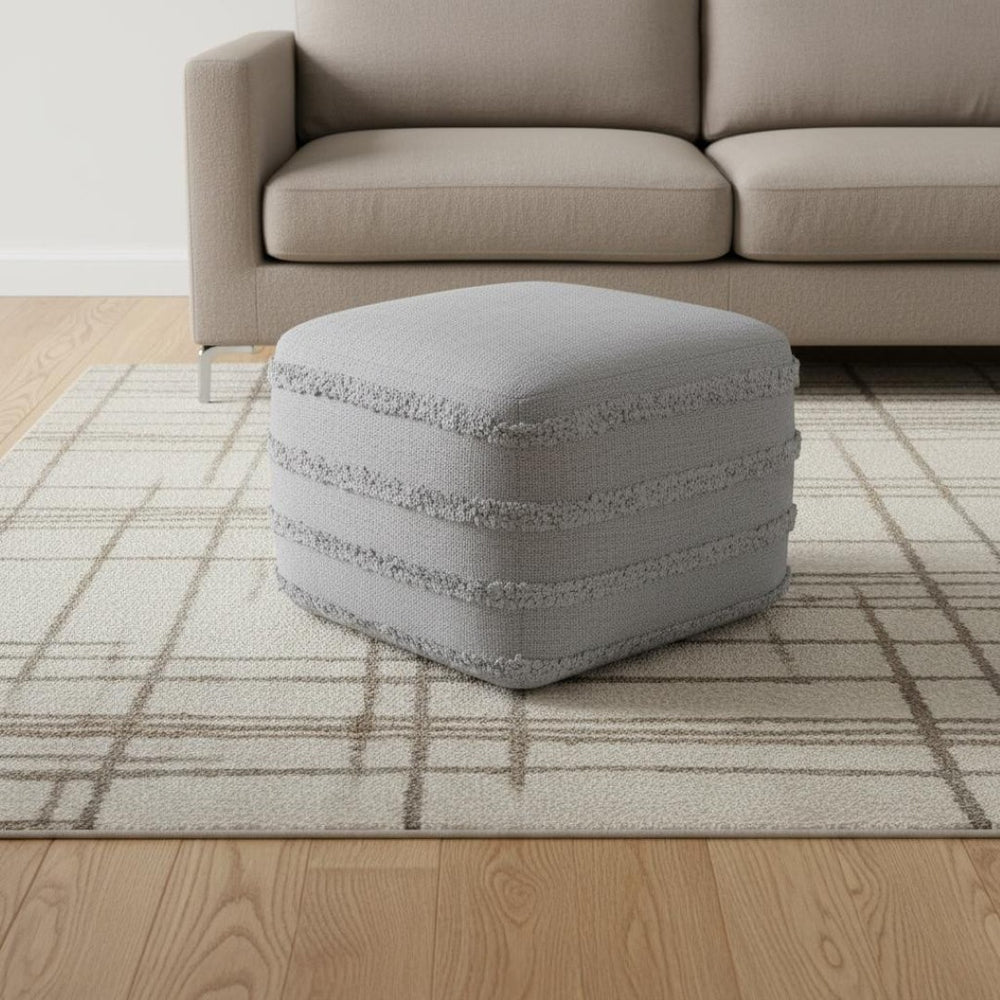HomeRoots 18" Gray Striped Cotton Pouf Ottoman - Versatile Footrest, Extra Seat, or Casual Table for Any Room Light Gray 517936