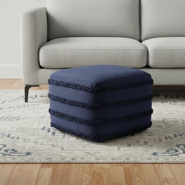 HomeRoots 18" Gray Striped Cotton Pouf Ottoman - Versatile Footrest, Extra Seat, or Casual Table for Any Room Navy Blue 517937