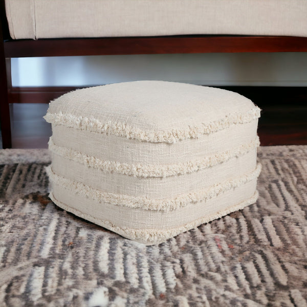Homeroots 18" Cream Cotton Tufted Stripe Cube Pouf Ottoman Beige  517938