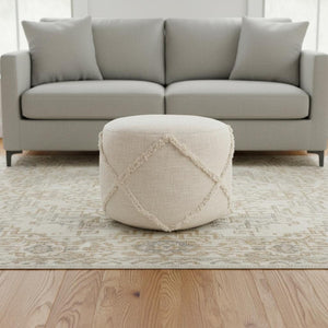 HomeRoots 18" Gray Cotton Cylinder Pouf Ottoman - Stylish, Multi-functional Footrest & Extra Seating Solution Beige 517941