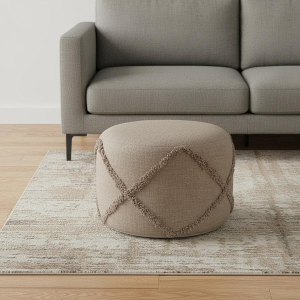 HomeRoots 18" Gray Cotton Cylinder Pouf Ottoman - Stylish, Multi-functional Footrest & Extra Seating Solution Light Brown 517942