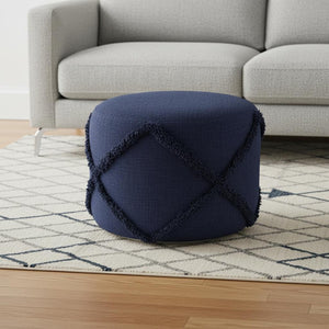 HomeRoots 18" Gray Cotton Cylinder Pouf Ottoman - Stylish, Multi-functional Footrest & Extra Seating Solution Navy Blue 517943