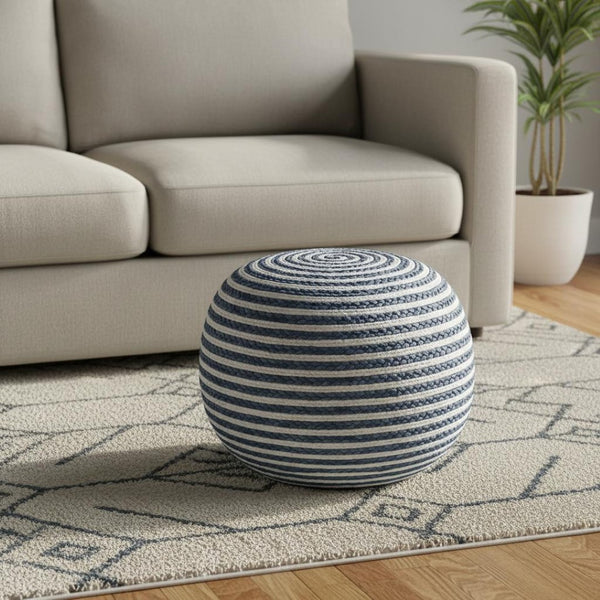 HomeRoots 20" Round Striped Pouf Ottoman - Coastal-Inspired Cotton Blend Accent for Seating and Decor Blue/White 517944