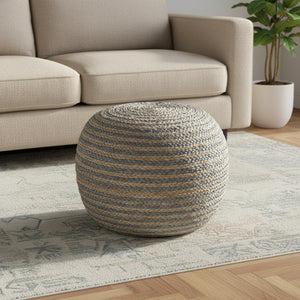 HomeRoots 20" Round Striped Pouf Ottoman - Coastal-Inspired Cotton Blend Accent for Seating and Decor Natural/Tan 517945