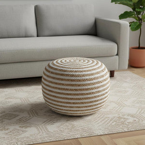 HomeRoots 20" Round Striped Pouf Ottoman - Coastal-Inspired Cotton Blend Accent for Seating and Decor Natural/White 517946