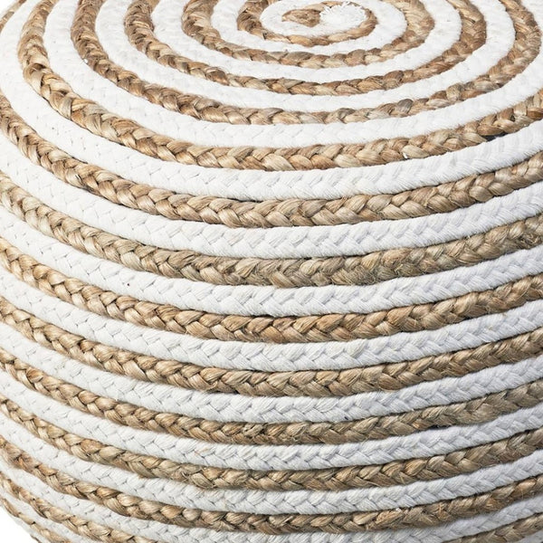 HomeRoots 20" Round Striped Pouf Ottoman - Coastal-Inspired Cotton Blend Accent for Seating and Decor Natural/White 517946