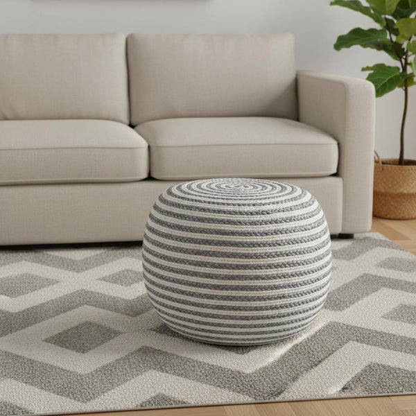 HomeRoots 20" Round Striped Pouf Ottoman - Coastal-Inspired Cotton Blend Accent for Seating and Decor Grey/White 517947