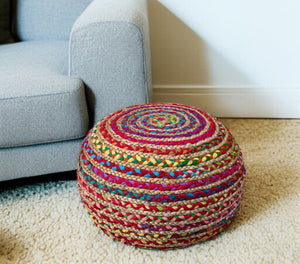 HomeRoots 20" Round Striped Pouf Ottoman - Coastal-Inspired Cotton Blend Accent for Seating and Decor Multi 517948