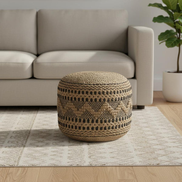 HomeRoots 18" Tan Geometric Pouf Ottoman - Versatile Jute Upholstered Accent for Footrest, Seating & Style 517949