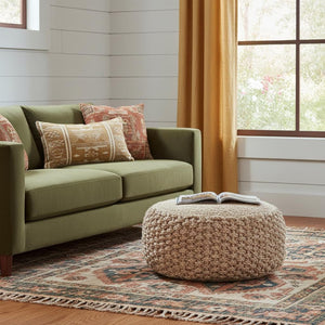 HomeRoots 20" Tan Round Geometric Pouf Ottoman - Versatile Soft Jute Accent for Living Room, Bedroom & More 517950
