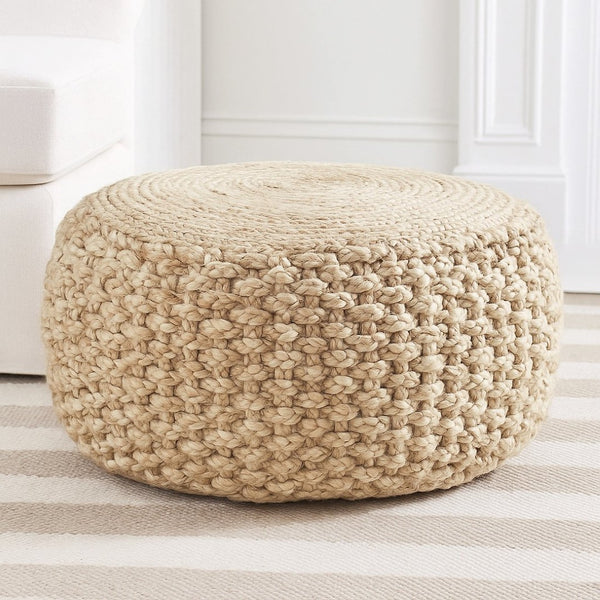 HomeRoots 20" Tan Round Geometric Pouf Ottoman - Versatile Soft Jute Accent for Living Room, Bedroom & More 517950