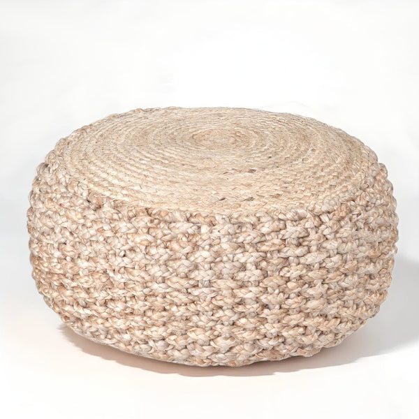 HomeRoots 20" Tan Round Geometric Pouf Ottoman - Versatile Soft Jute Accent for Living Room, Bedroom & More 517950