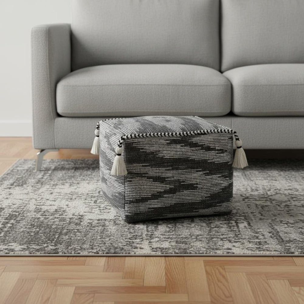 HomeRoots 18" Gray Cotton Striped Pouf Ottoman - Versatile Modern Seating, Cozy Footrest & Chic Accent Table 517956