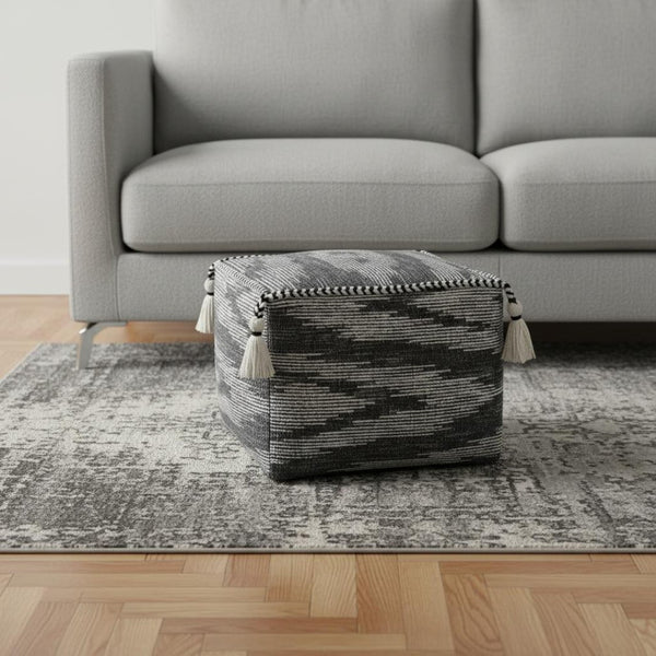 HomeRoots 18" Gray Cotton Striped Pouf Ottoman - Versatile Modern Seating, Cozy Footrest & Chic Accent Table 517956