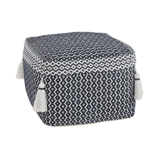 HomeRoots 18" Stylish Blue Cotton Geometric Pouf Ottoman - Versatile Seating & Footrest for Modern Decor 517957