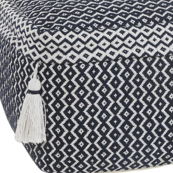 HomeRoots 18" Stylish Blue Cotton Geometric Pouf Ottoman - Versatile Seating & Footrest for Modern Decor 517957