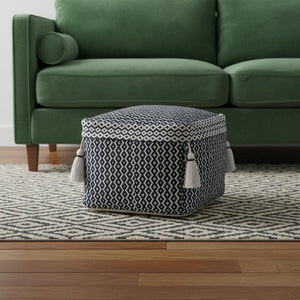 HomeRoots 18" Stylish Blue Cotton Geometric Pouf Ottoman - Versatile Seating & Footrest for Modern Decor 517957