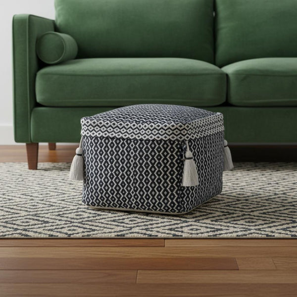 HomeRoots 18" Stylish Blue Cotton Geometric Pouf Ottoman - Versatile Seating & Footrest for Modern Decor 517957