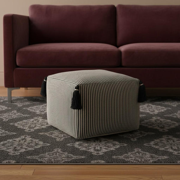HomeRoots 18" Gray Striped Cotton Pouf Ottoman - Versatile, Stylish Seating & Footrest for Any Home Décor 517958