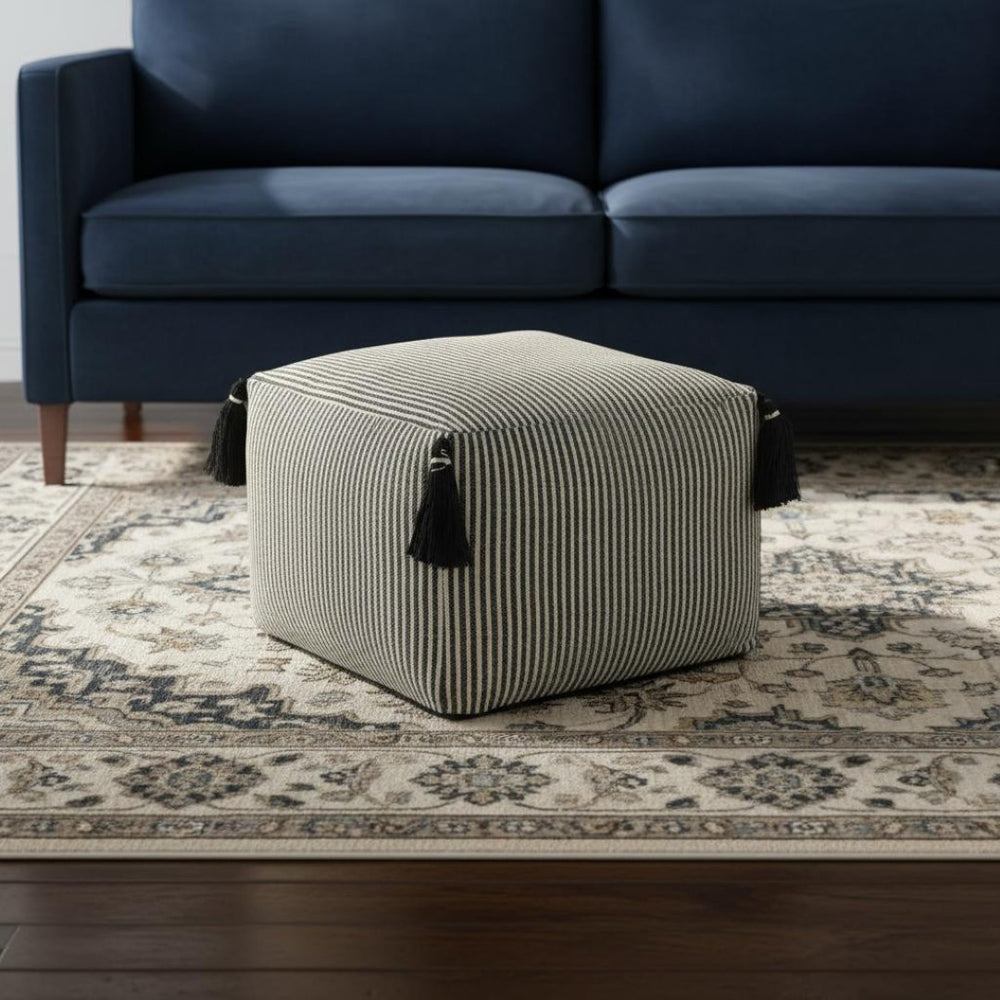 HomeRoots 18" Gray Striped Cotton Pouf Ottoman - Versatile, Stylish Seating & Footrest for Any Home Décor 517958