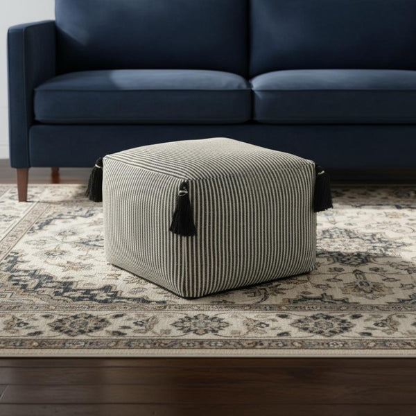 HomeRoots 18" Gray Striped Cotton Pouf Ottoman - Versatile, Stylish Seating & Footrest for Any Home Décor 517958