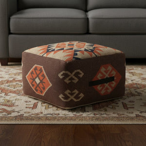 HomeRoots 18" Brown Tribal Pouf Ottoman - Versatile Cotton-Blend Seating, Footrest, and Decor for Any Space 517962