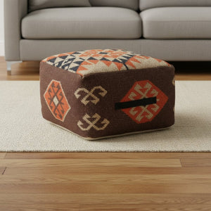 HomeRoots 18" Brown Tribal Pouf Ottoman - Versatile Cotton-Blend Seating, Footrest, and Decor for Any Space 517962