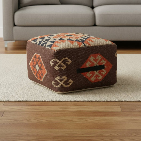 HomeRoots 18" Brown Tribal Pouf Ottoman - Versatile Cotton-Blend Seating, Footrest, and Decor for Any Space 517962