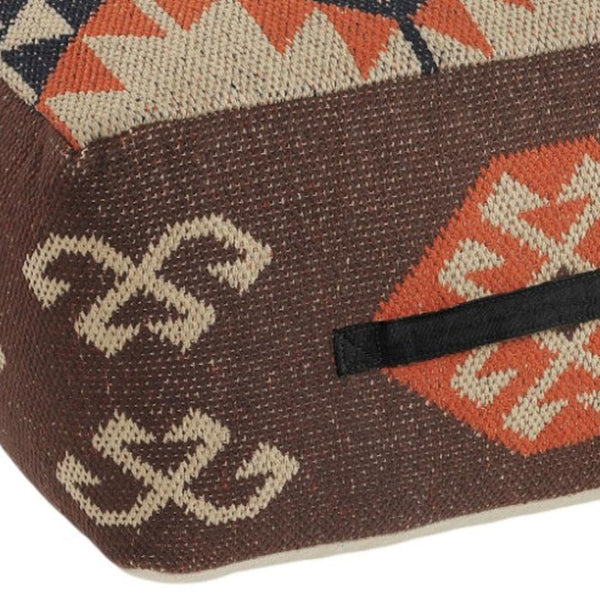 HomeRoots 18" Brown Tribal Pouf Ottoman - Versatile Cotton-Blend Seating, Footrest, and Decor for Any Space 517962