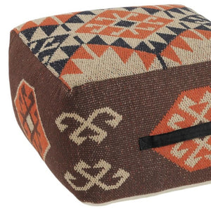 HomeRoots 18" Brown Tribal Pouf Ottoman - Versatile Cotton-Blend Seating, Footrest, and Decor for Any Space 517962