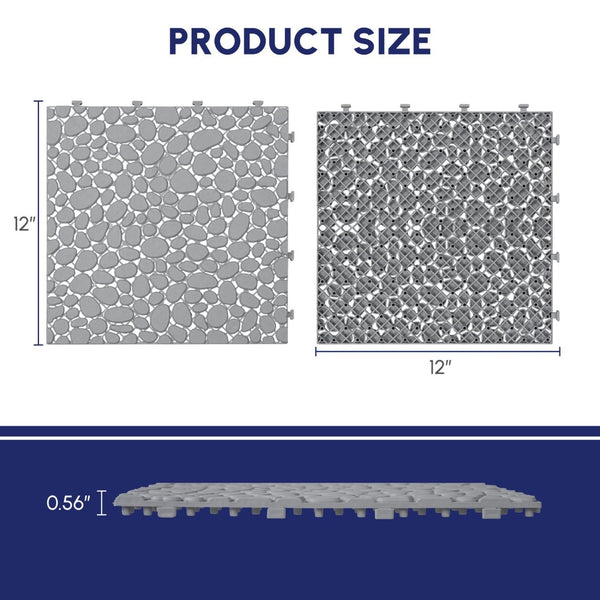 English Elm 12 Inch Interlocking Plastic Deck Tiles Pebble Stone Waterproof Outdoor Patio Pack of 60 Grey W2391P189600