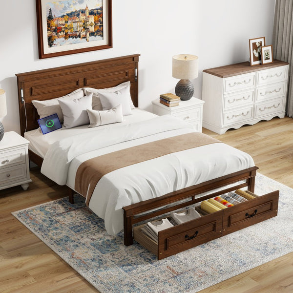 English Elm Queen Farmhouse Pinewood Storage Bed with Led Lighting Usb Charging and Panel Headboard Walnut W504P391016