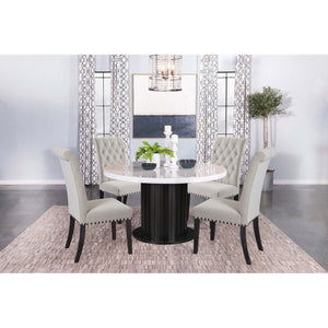 English Elm Sherry Round Marble Dining Set with 4 Tufted Linen Chairs, Nailhead Trim & Scalloped Pedestal Base B062S01195