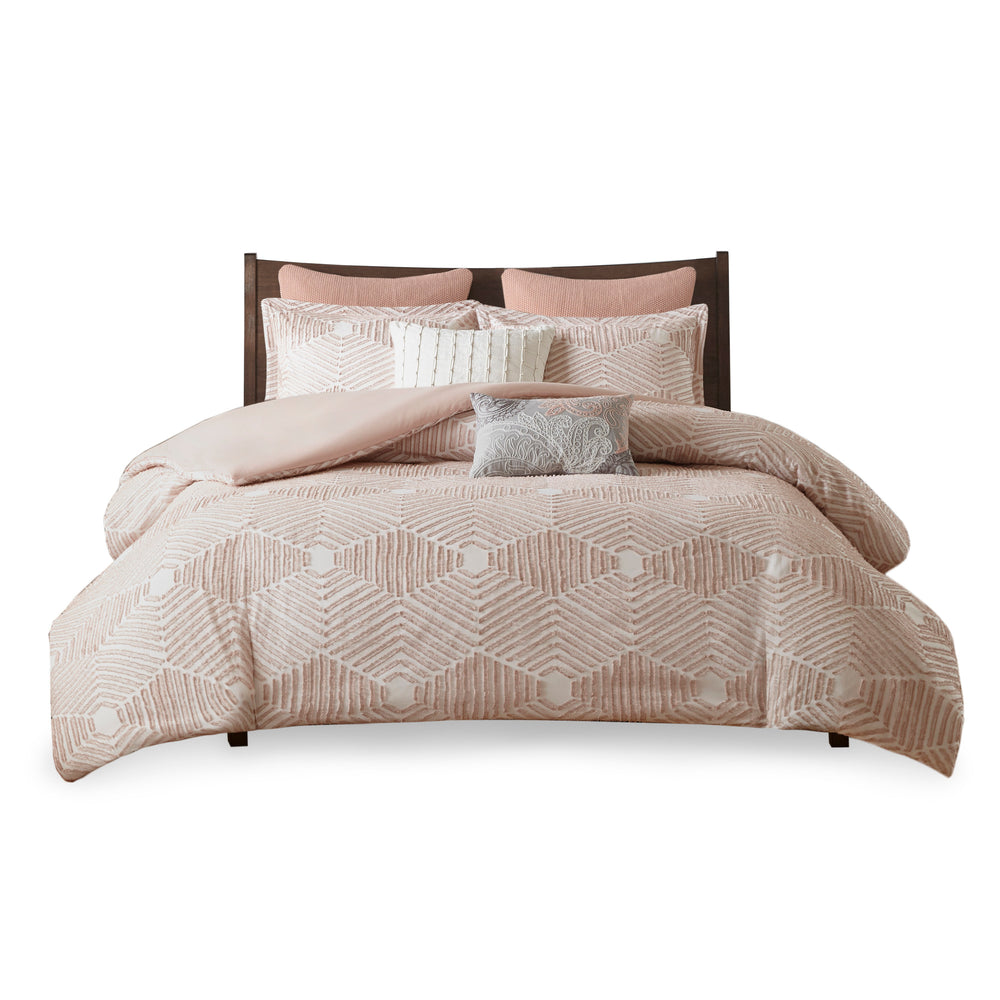 English Elm King/Cal King Ellipse Cotton Jacquard Duvet Cover Set - Blush Geometric Texture, OEKO-TEX, Machine Washable, Button Closure B035129134