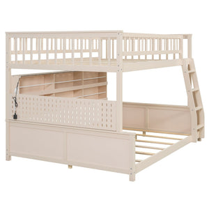 English Elm Full Xl Over Queen Bunk Bed Pinewood Frame with Led Lights Shelving Pegboard Beige LT000279AAA