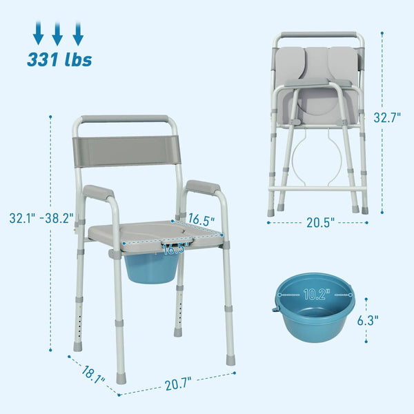 English Elm Raised Commode Chair with Steel Frame Padded Pu Seat and Adjustable Height Support T3971P409972