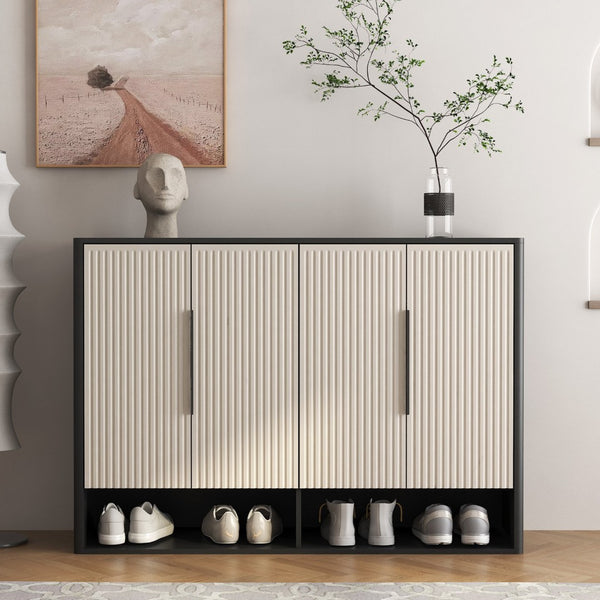 English Elm Shoe Cabinet with Four Doors Adjustable Shelves Entryway Organizer Modern Storage Unit W1321S00040