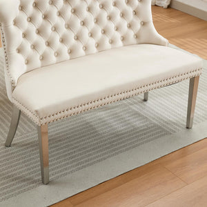 English Elm Velvet Wingback Dining Bench Tufted Two Seat Mid Century Modern Brushed Steel Base Beige W1143P406980