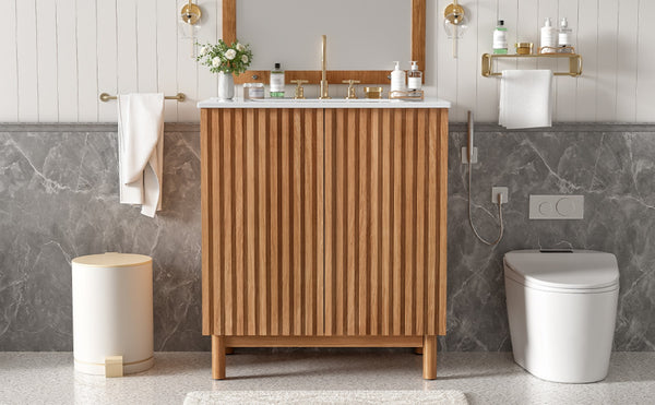 English Elm 29.9-inch Transitional Bathroom Vanity with Ceramic Sink Soft-close Doors Wood Legs N729P339777O