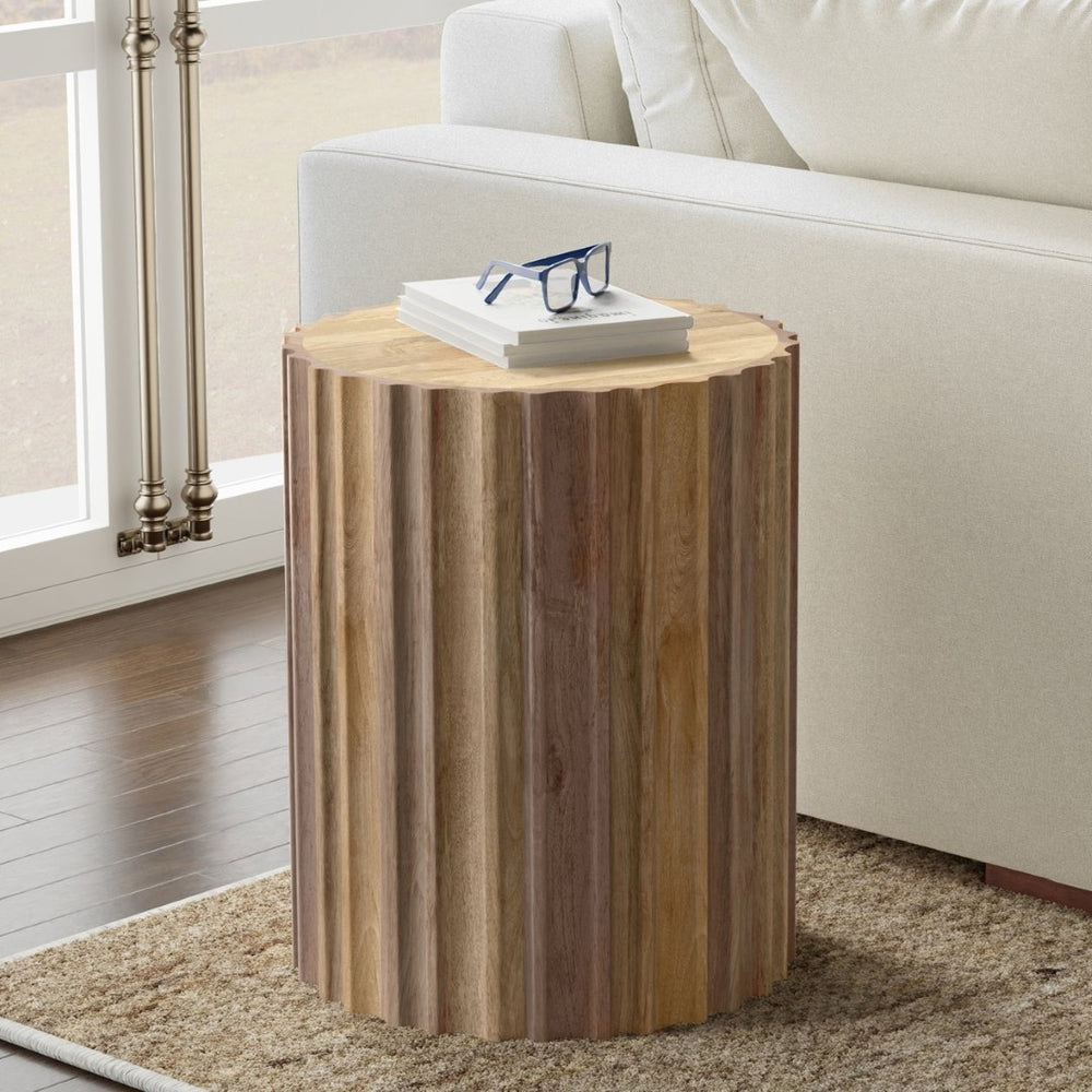 English Elm Rolf Solid Mango Wood Drum Side Table Hand Carved Fluted Sculptural Natural Finish B136P420284