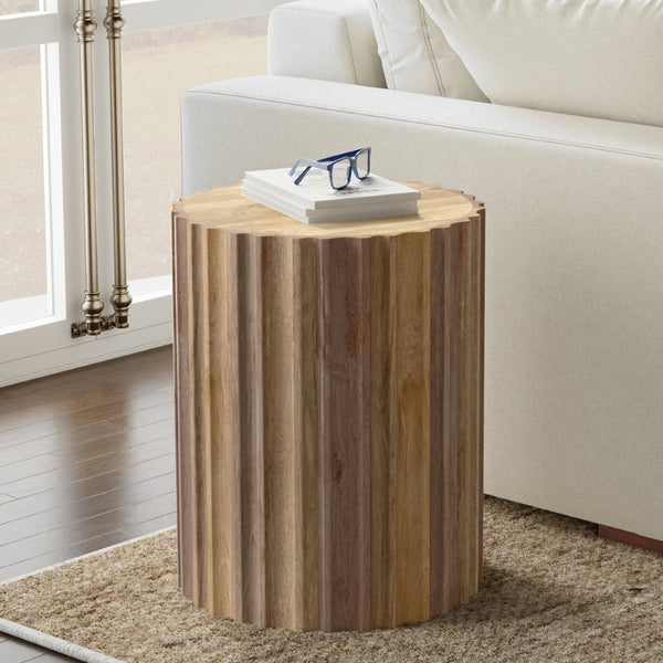 English Elm Rolf Solid Mango Wood Drum Side Table Hand Carved Fluted Sculptural Natural Finish B136P420284