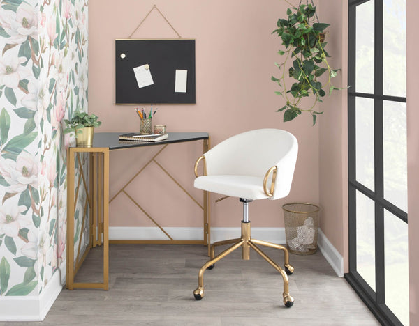 English Elm Task Chair with Black Velvet Seat and Glam Metal Base for Home Office Cream,Gold B202P474176