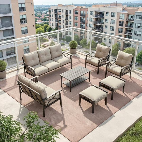 English Elm 7-piece Outdoor Sectional Set Steel Frame 9 Seat Patio Conversation with Cushioned Ottomans Beige B082S00119