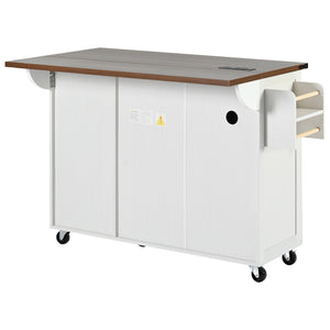 English Elm K&K 54.5" Farmhouse Kitchen Island with Drop Leaf, Built-In Power Station, Rolling Storage Cart White N707P170349W