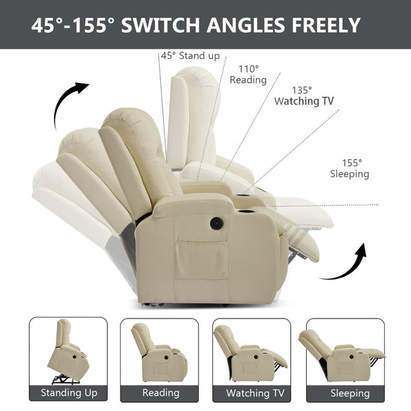 English Elm Beige Pu Leather Power Lift Recliner with Massage Lumbar Heat and Usb Charging Beige W1803S00085