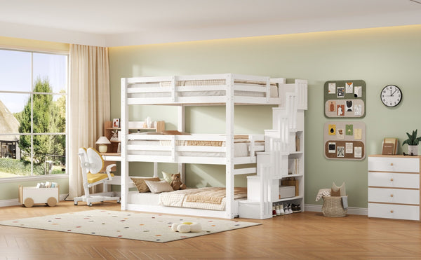 English Elm Full Size Triple Bunk Bed Solid Pine Frame with Storage Staircase Separate Convertible Design White N7090000477K