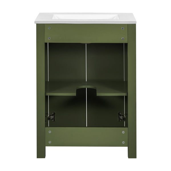 English Elm 24" Vintage Style Small Bathroom Vanity Olive Green with Ceramic Sink, Soft-Close Doors, Shelf (95) N729P292015F