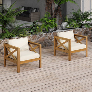 English Elm Christopher Knight Home® - Patio Conversation Set – 2 Ergonomic Acacia Wood Chairs With Cushions & Stylish Side Table For Outdoors N770P264304B_N770P313252L